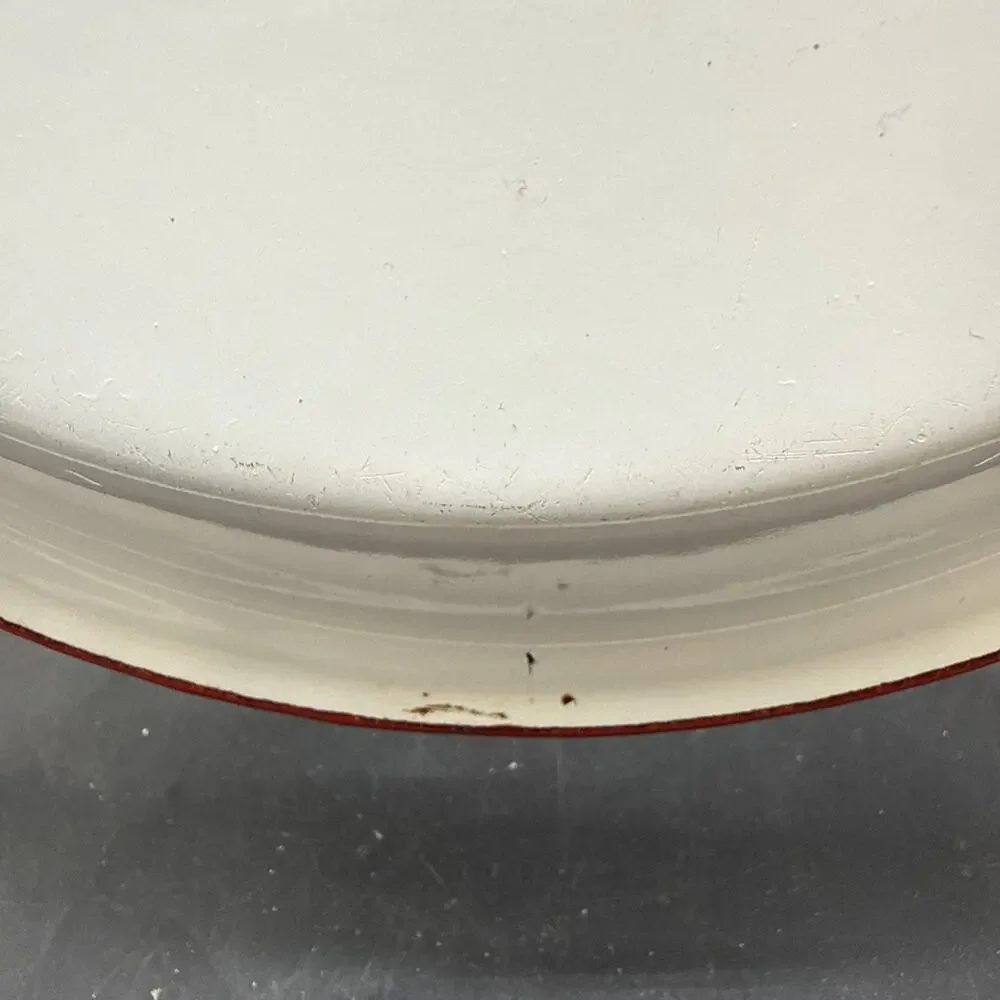 Vintage White Red Rim Enamelware Dinner Plate Farmhouse Camp Rustic 9.5 Inches
